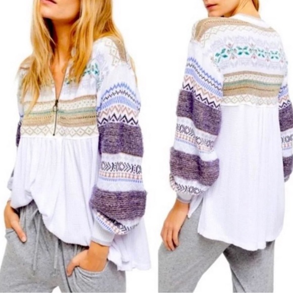 Free People Cozy Cottage Sweater Thermal Fair Isle Knit Boho White S NWT! - Picture 3 of 5